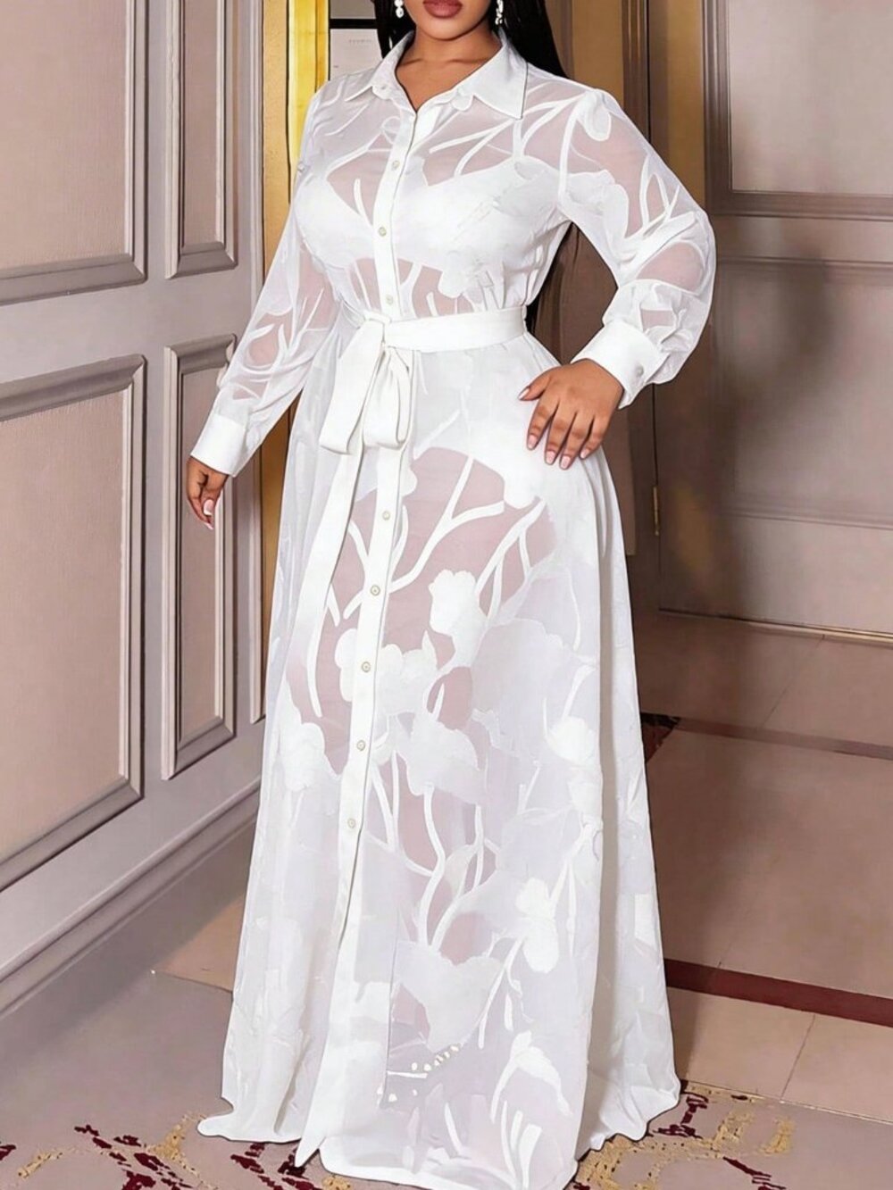 Elegant Women's Plus Size Long Sleeve Front Button Sheer maxi Dress -White - Picture 6 of 7